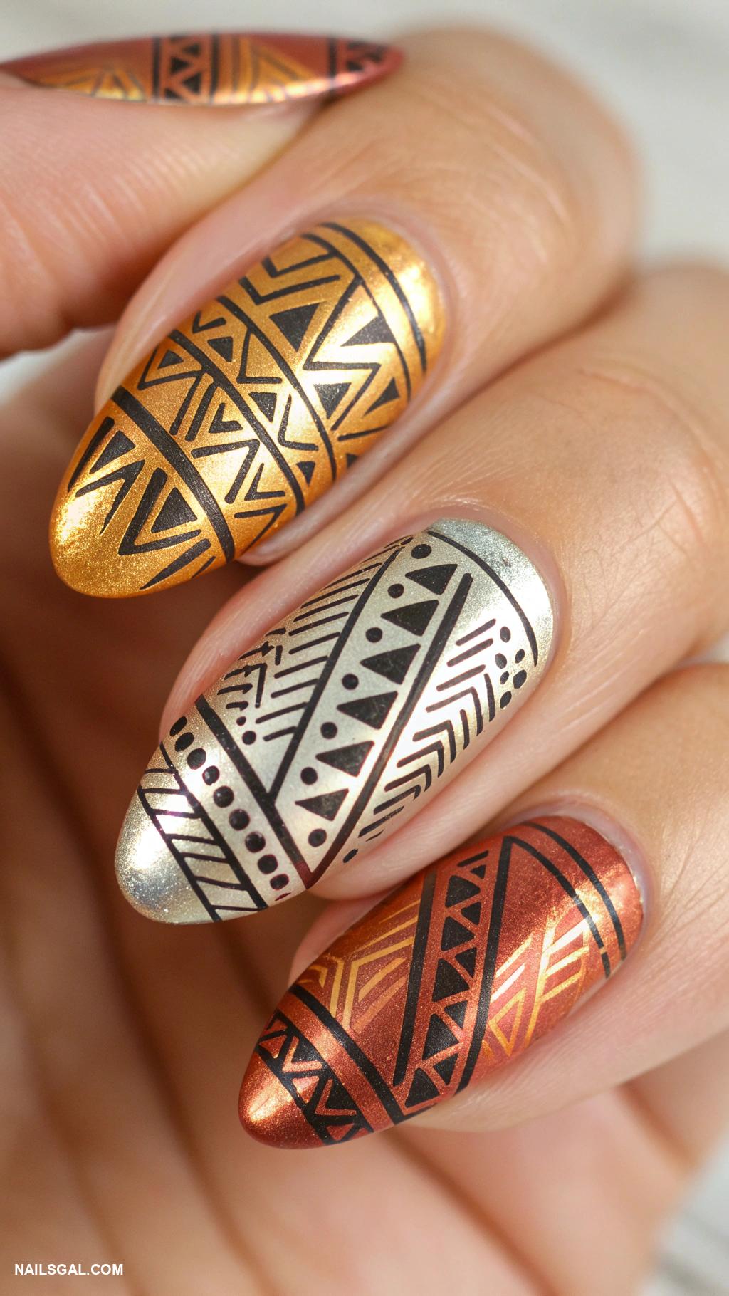 60s nail art Geometric patterns using metallic colors