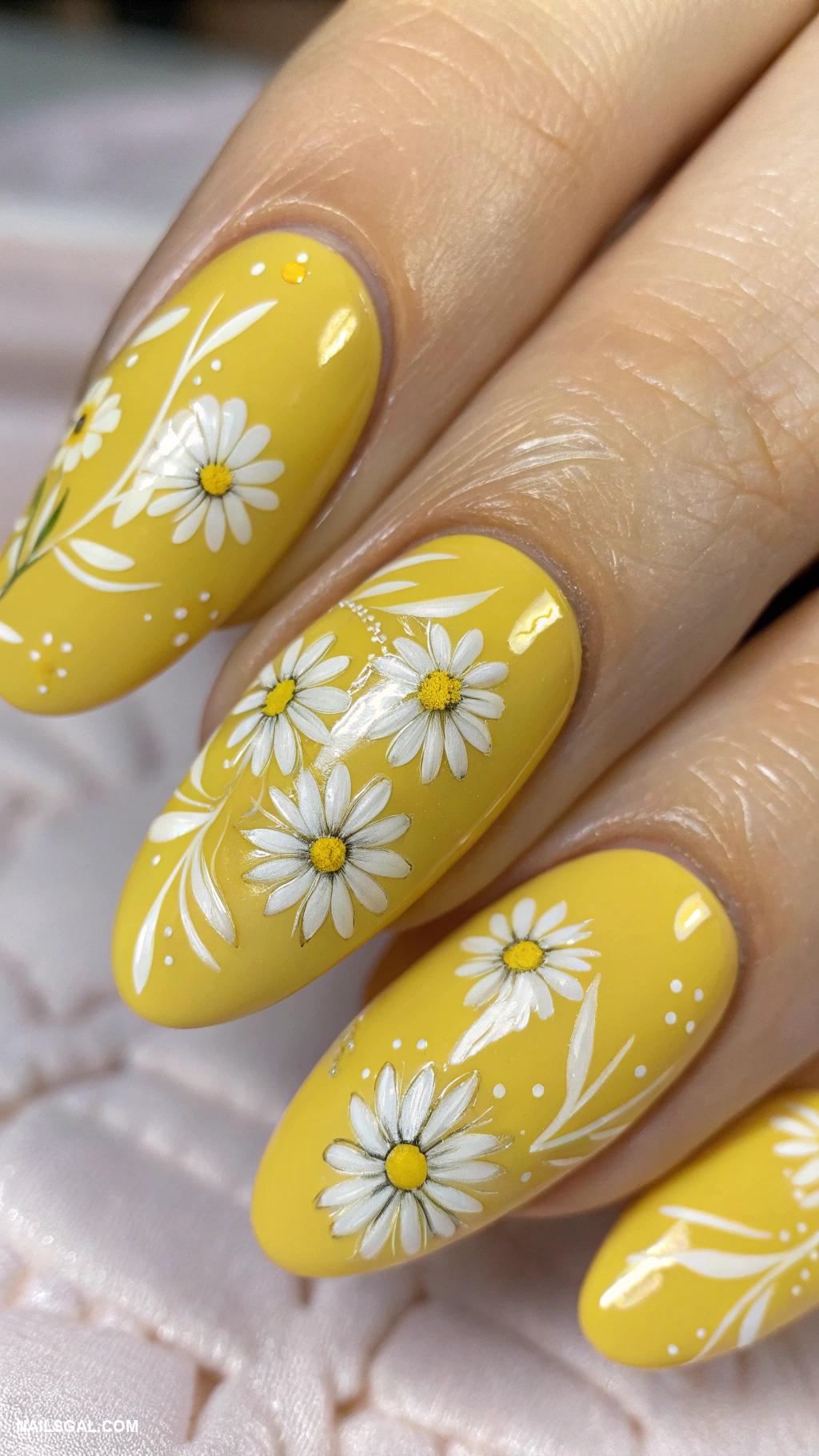 60s nail art Sunshine yellow with white daisies