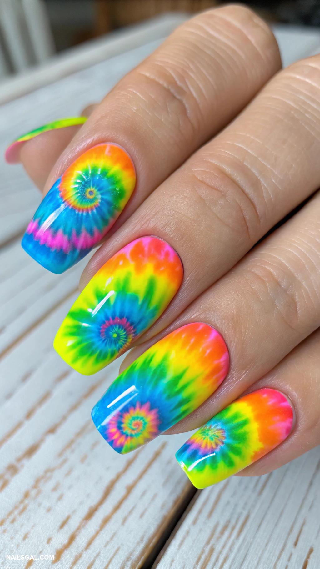60s nail art Tie dye effect in vibrant hues
