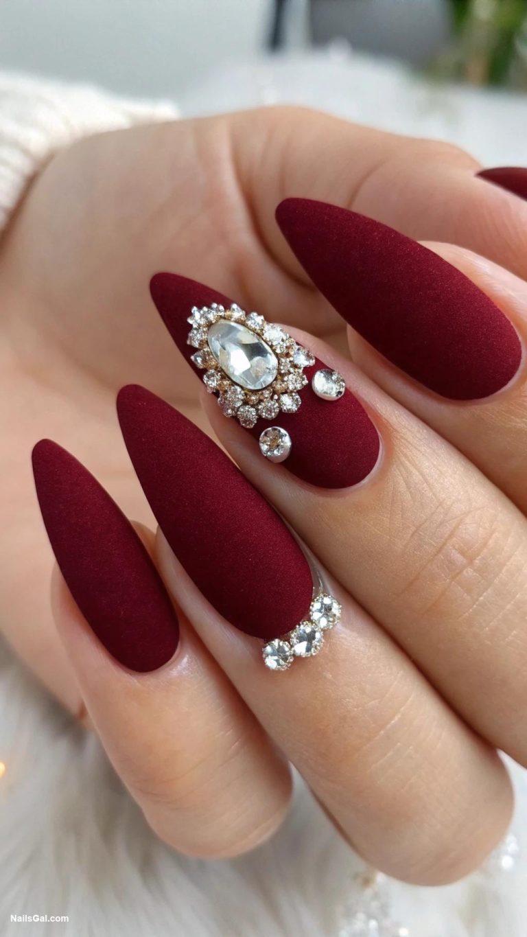 Bordeaux red nails Bordeaux velvet nails with rhinestone accents