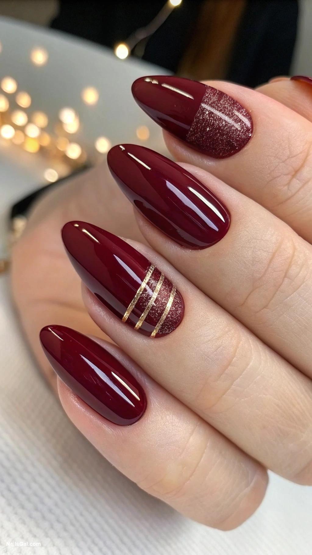 Bordeaux red nails Bordeaux with shimmering rose gold stripes