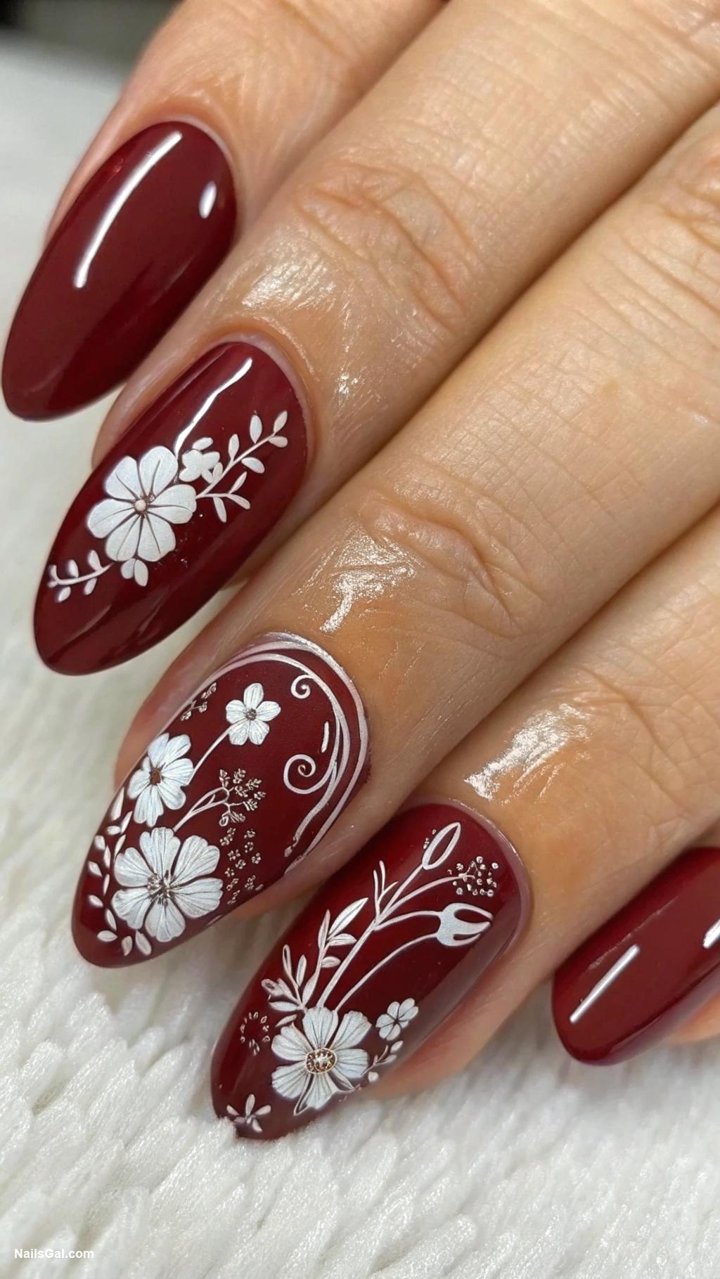 Bordeaux red nails Bordeaux with white floral nail art