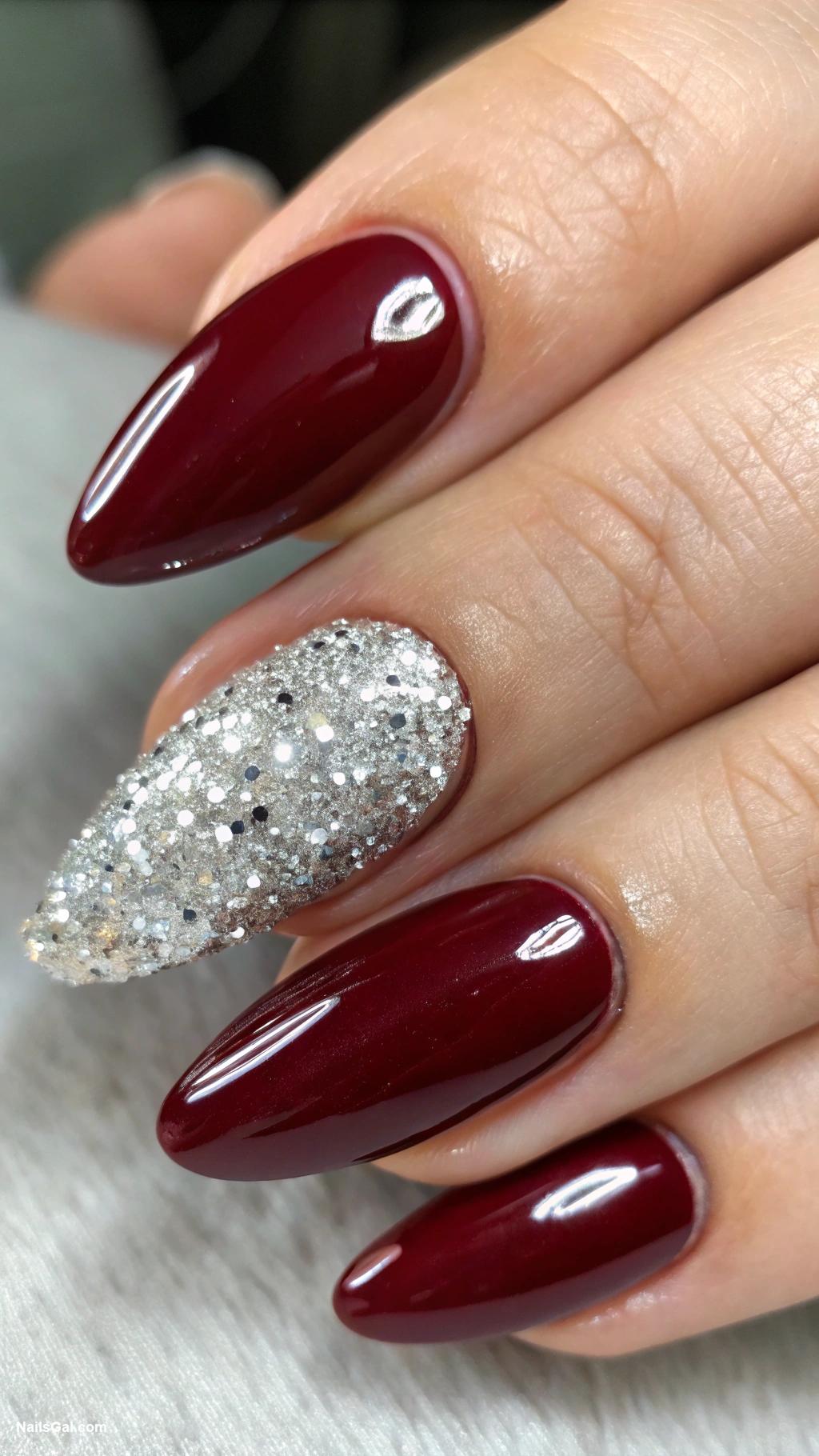 Bordeaux red nails Glossy Bordeaux with silver glitter tips
