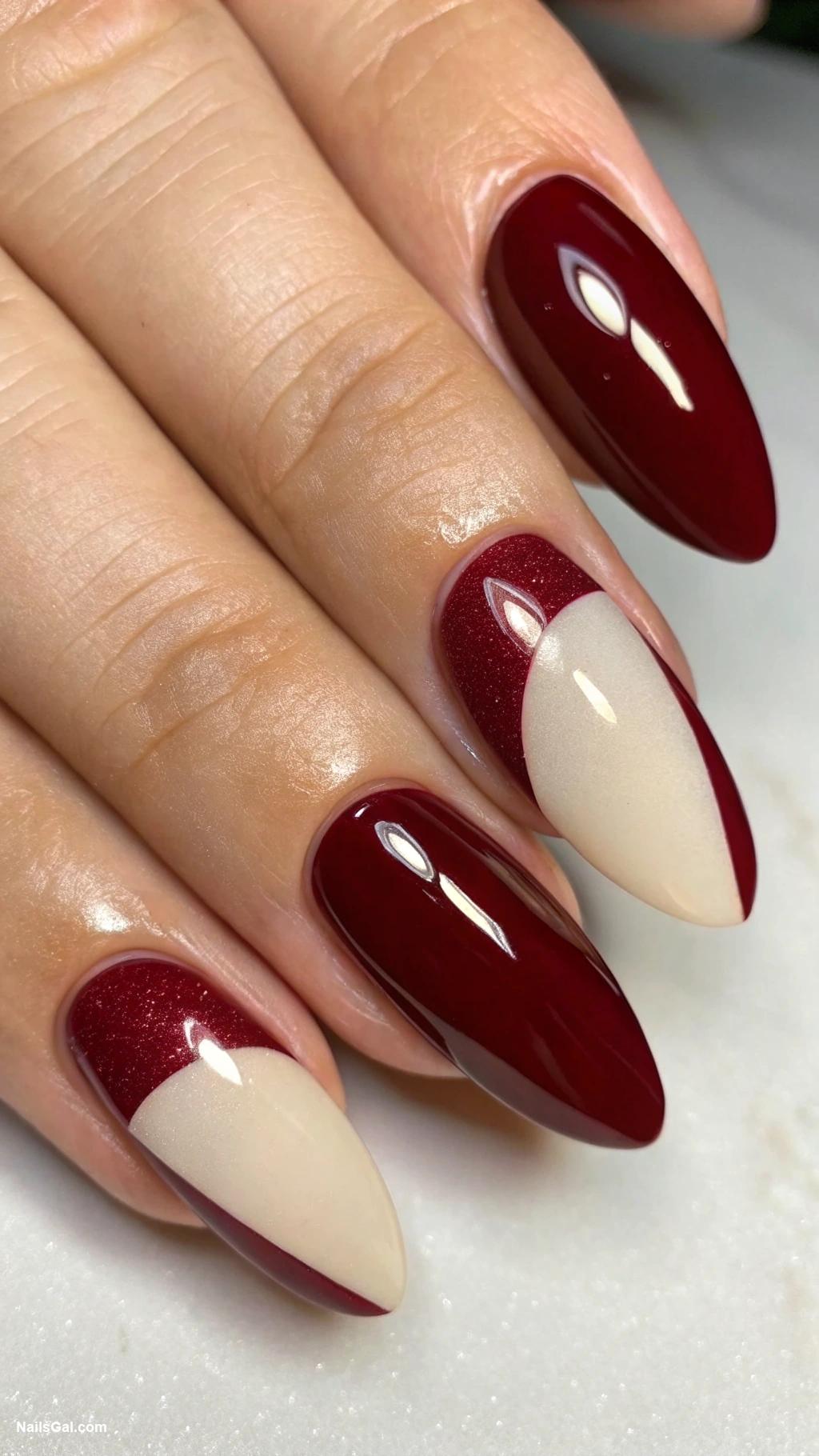 Bordeaux red nails Half moon design in Bordeaux and cream