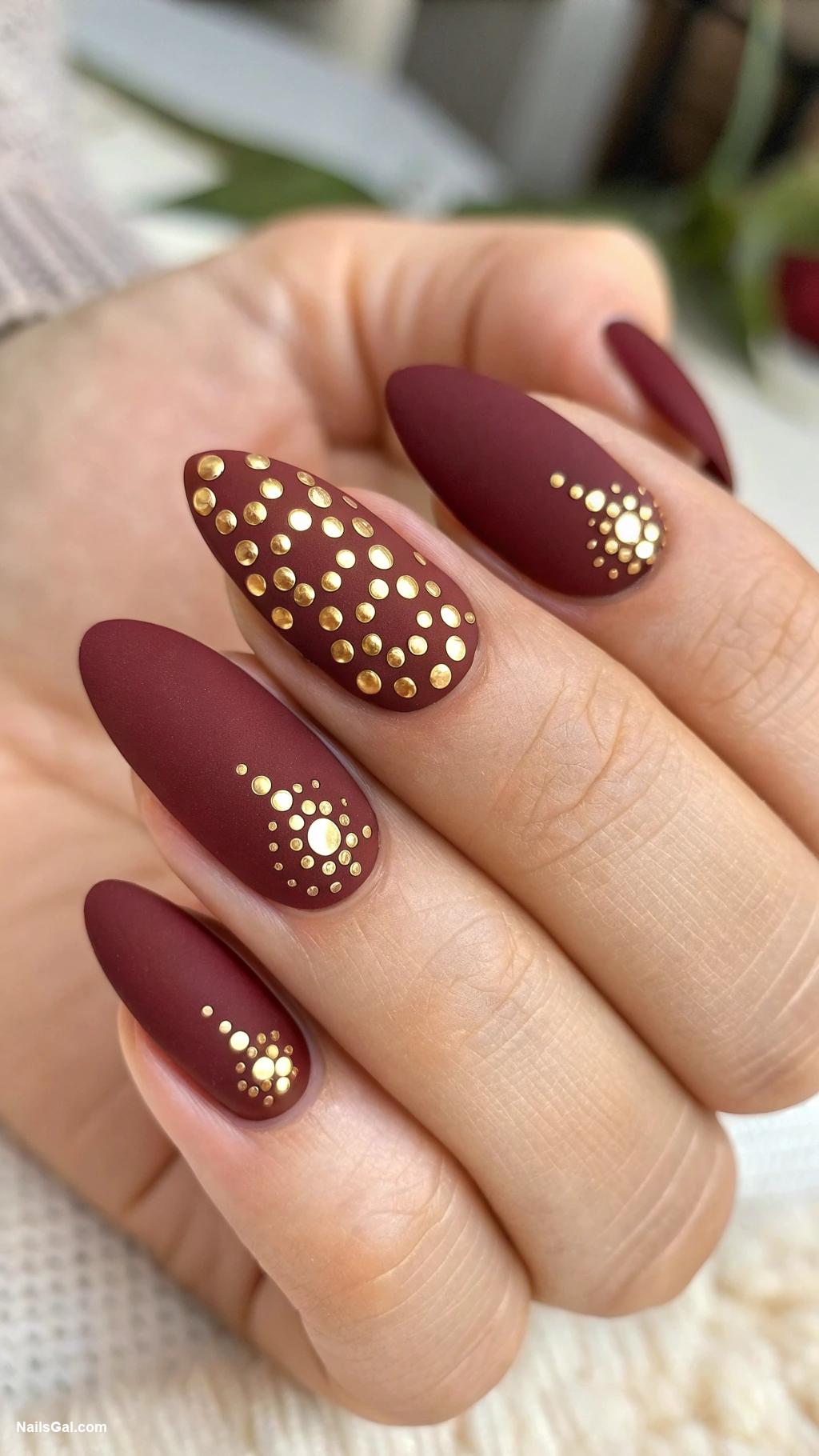 Bordeaux red nails Matte Bordeaux with gold accent dots