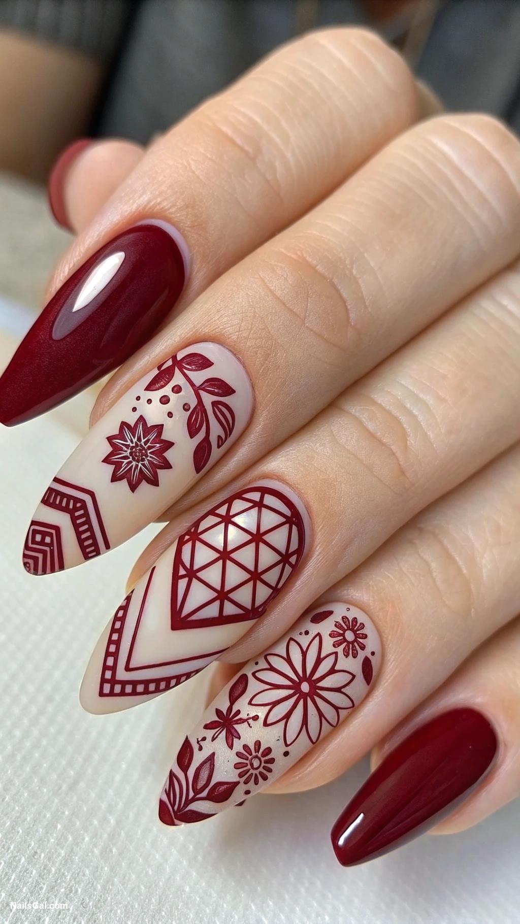 Bordeaux red nails Negative space designs with Bordeaux outlines