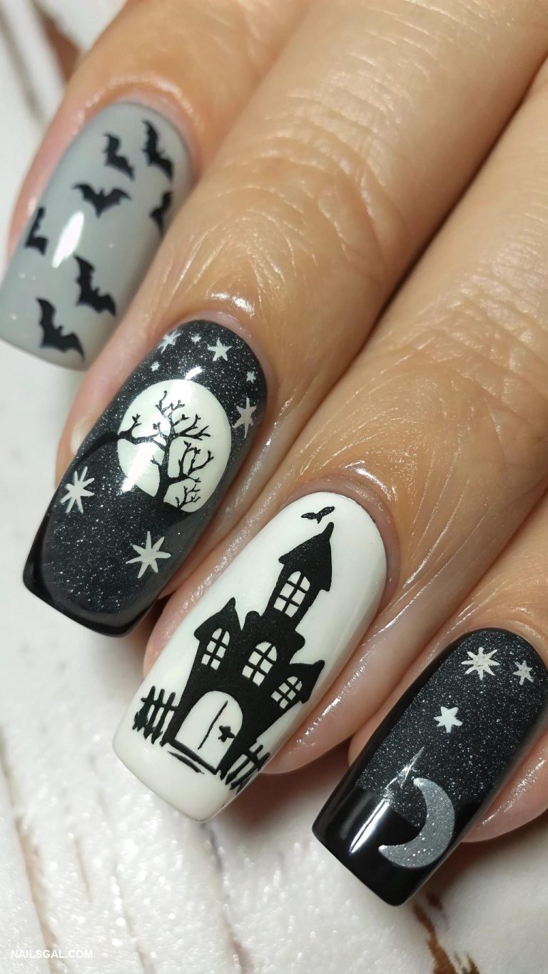 October nails Haunted house silhouette on nails