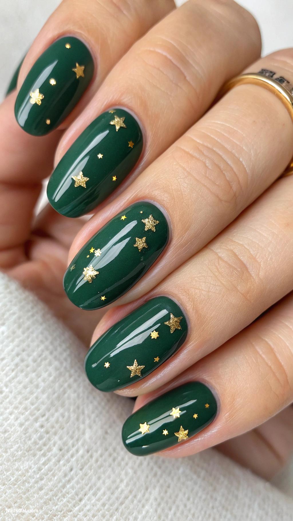 September nails Forest green with tiny gold stars