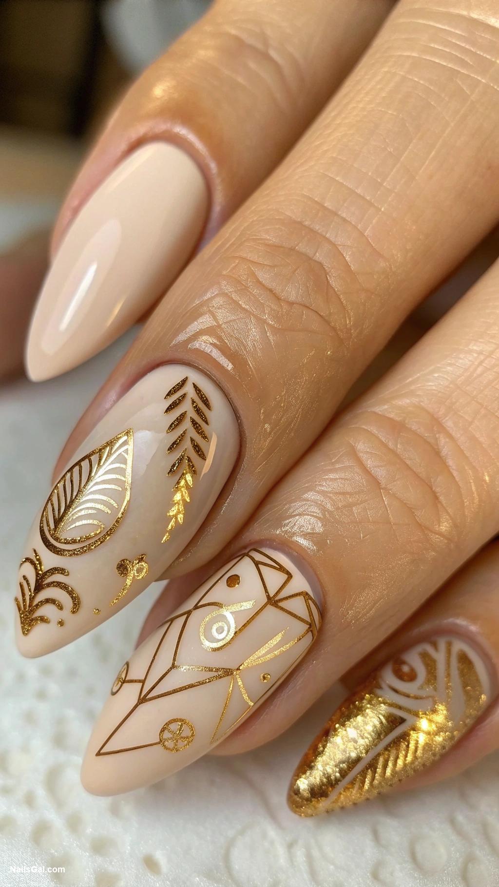 September nails Neutral beige with gold foil