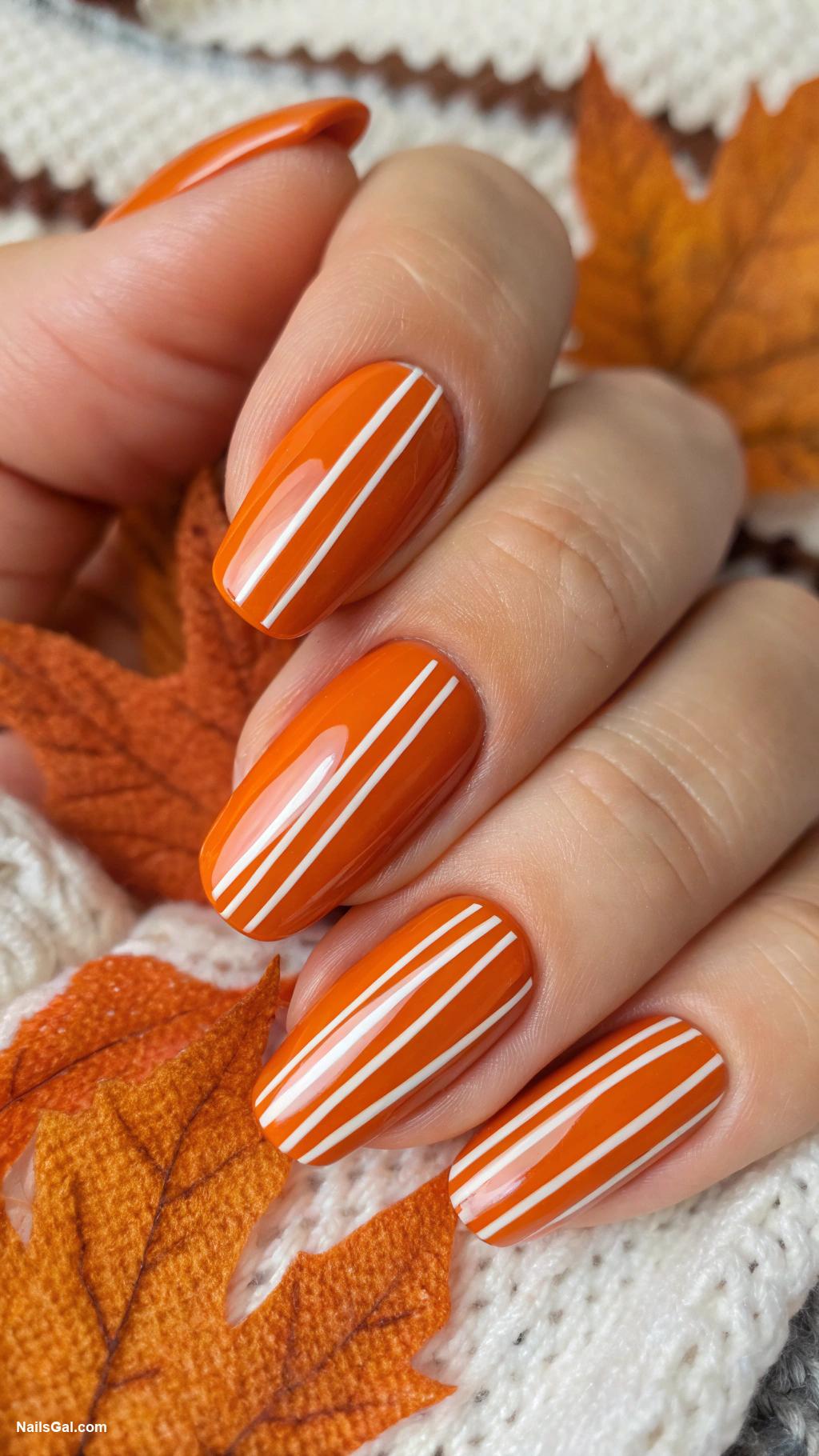 September nails Pumpkin spice orange with stripes