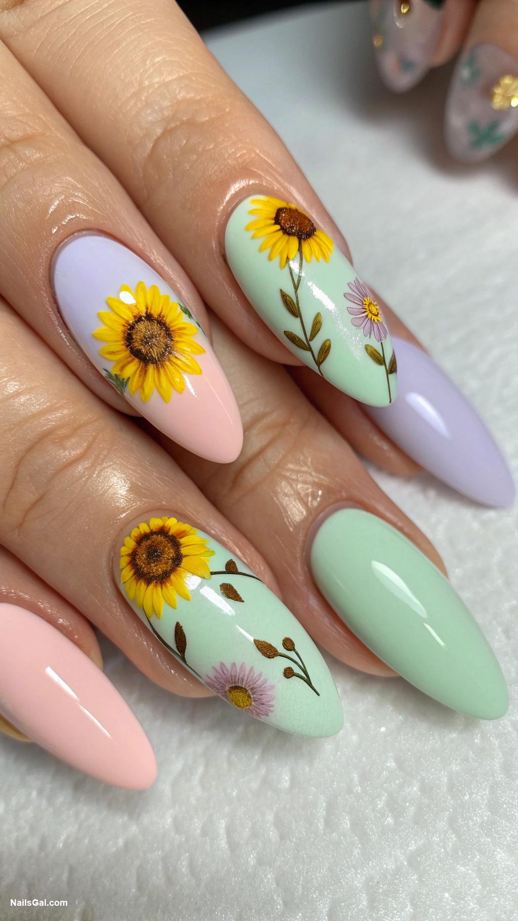 September nails Sunflower accents on pastel base