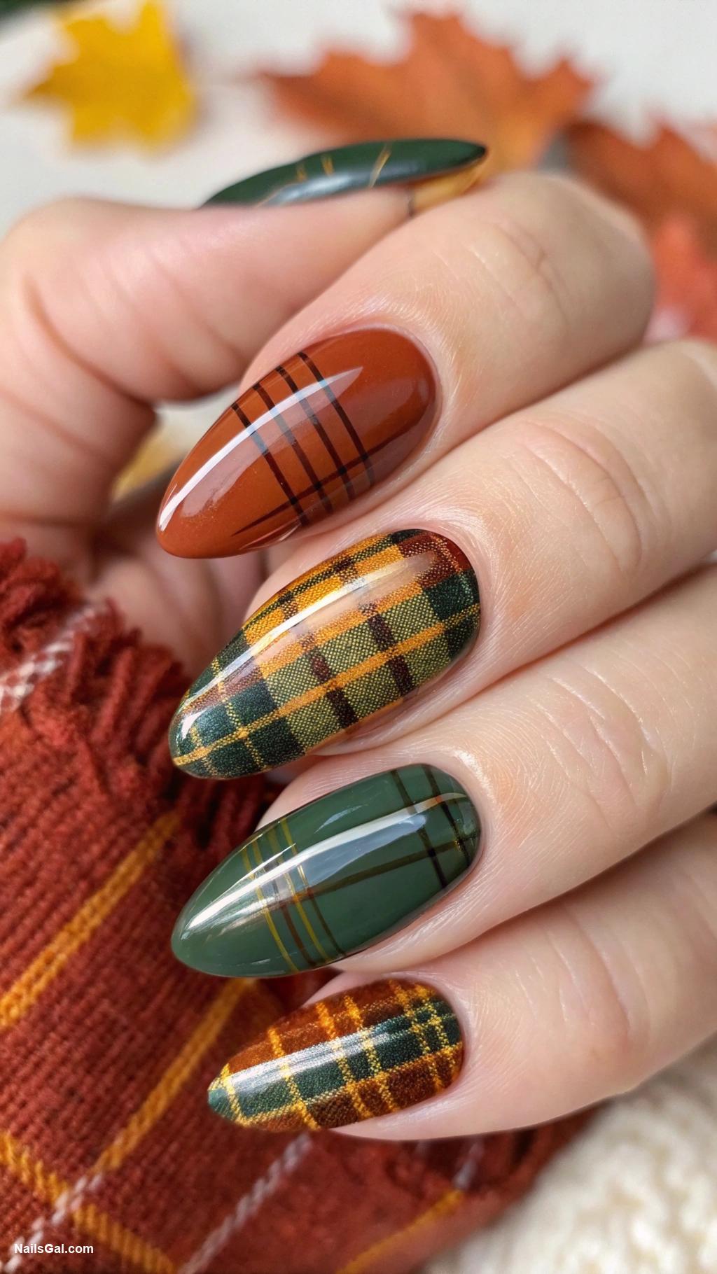 September nails Warm plaid pattern for cozy vibes