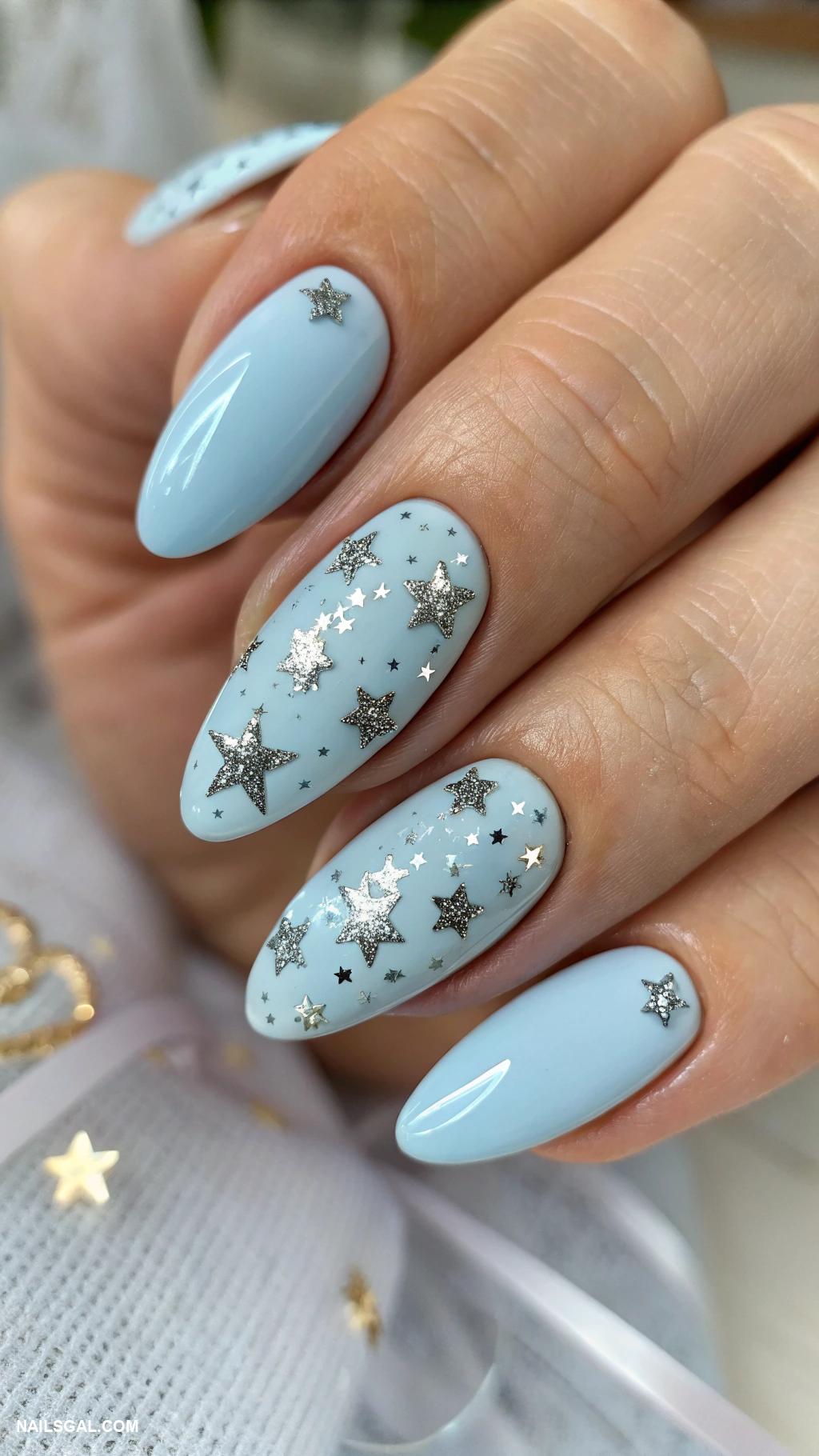 balletcore nails Baby blue with whimsical silver stars