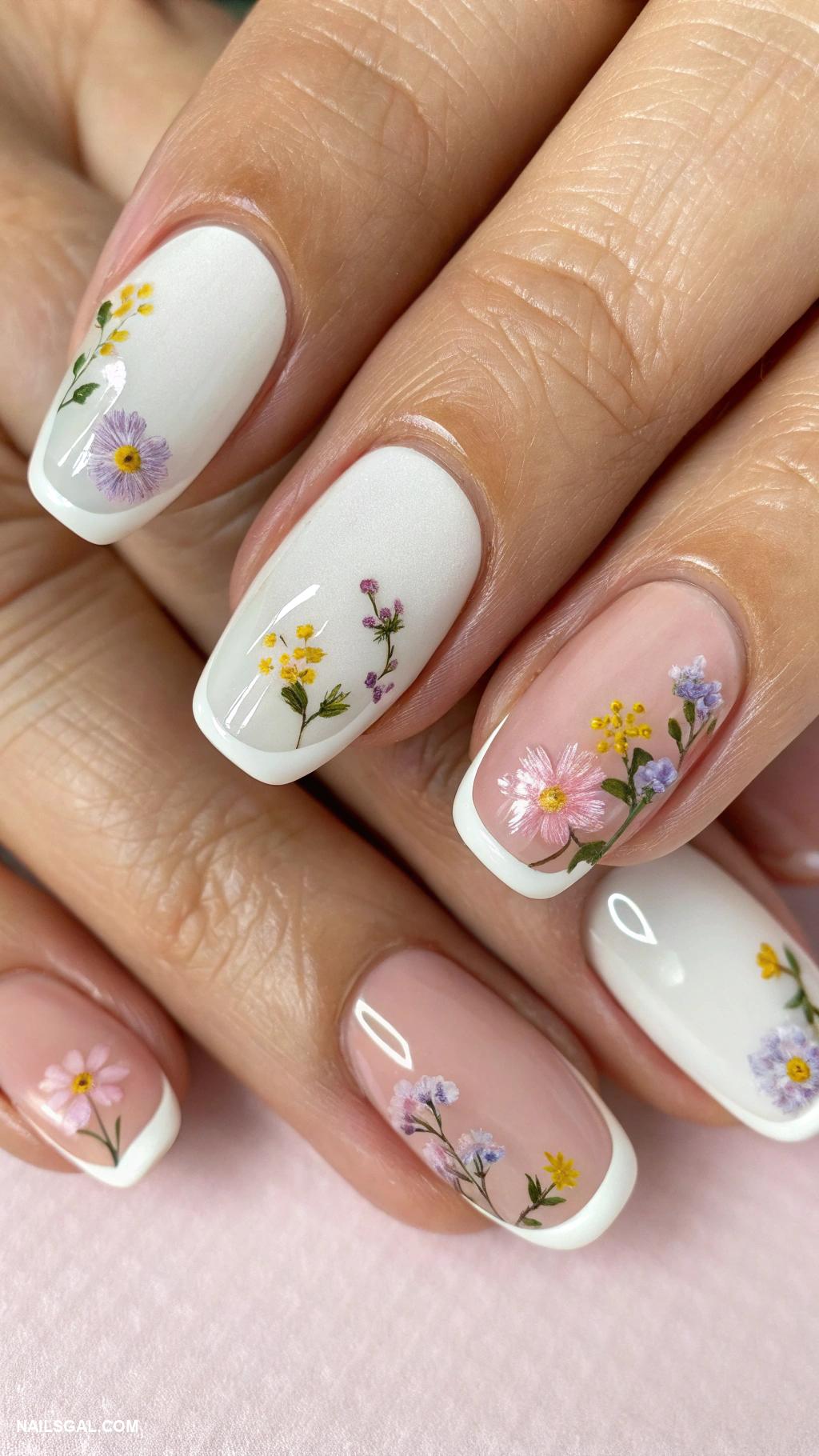 balletcore nails Classic French tips with tiny floral designs