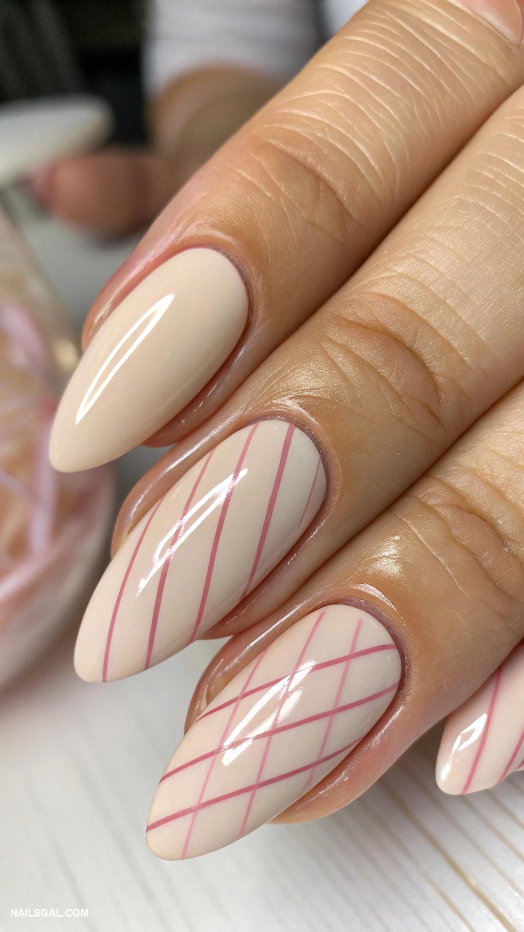 balletcore nails Creamy beige with blush pink stripes