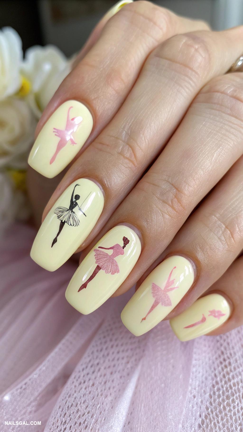 balletcore nails Light yellow with hand painted ballerina silhouettes