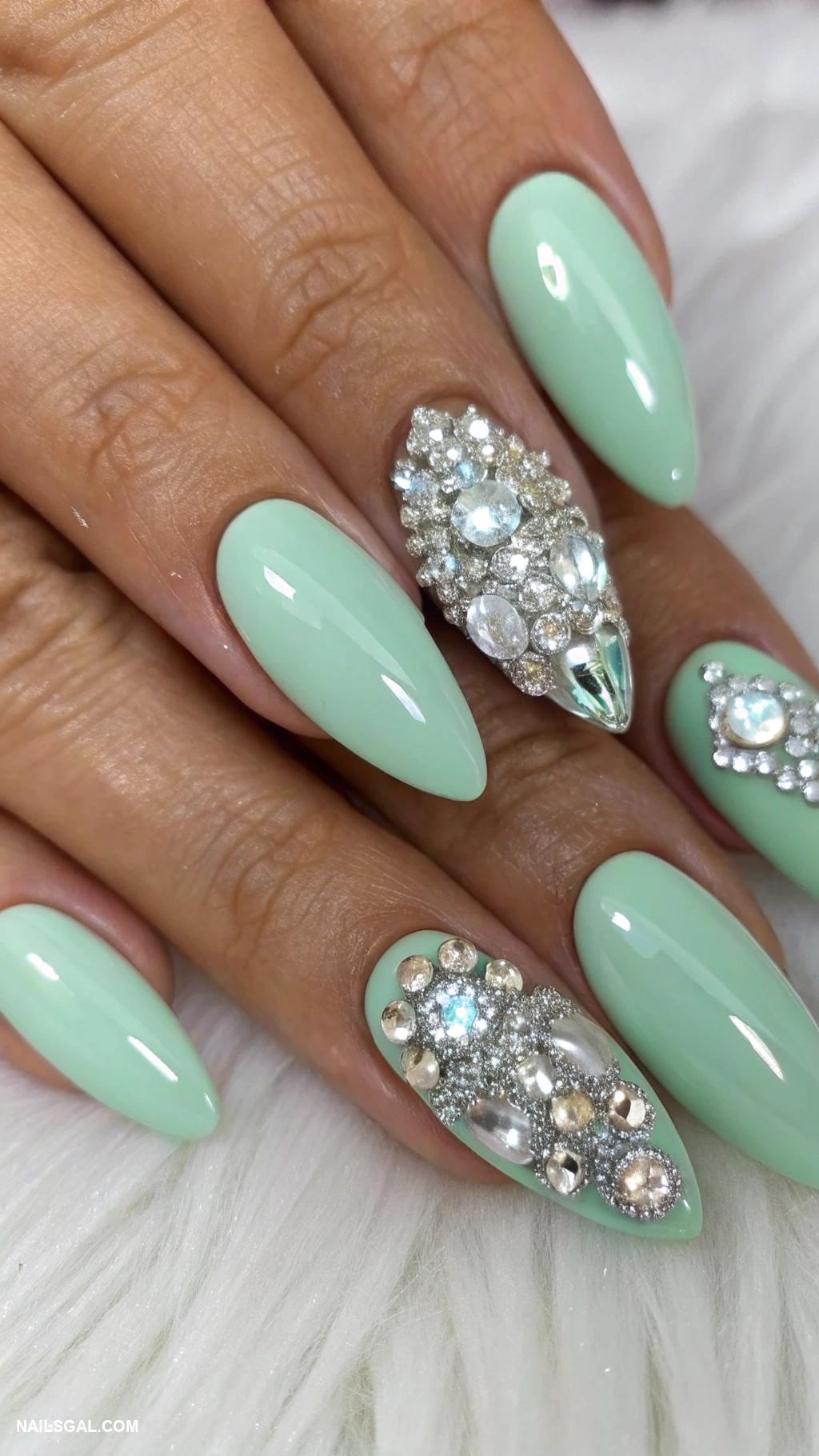 balletcore nails Mint green with silver rhinestones