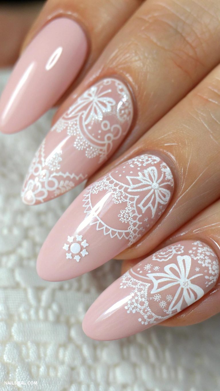 balletcore nails Pastel pink with delicate white lace patterns