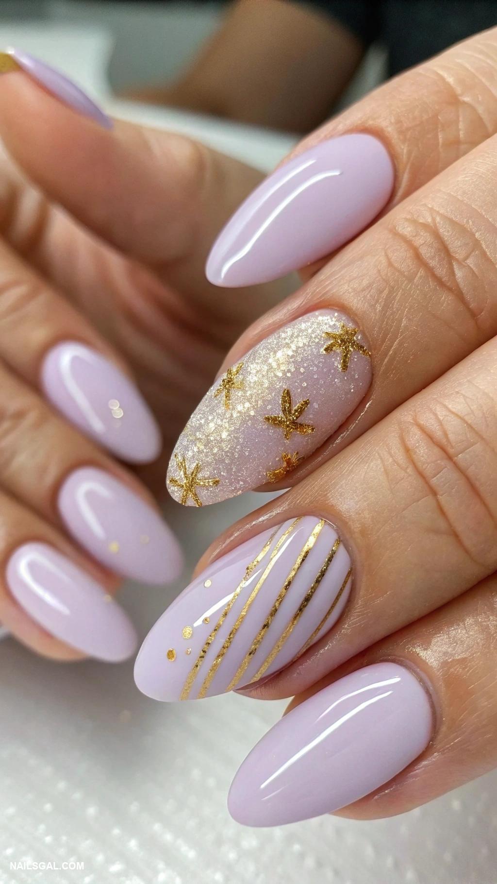 balletcore nails Soft lavender with gold glitter accents