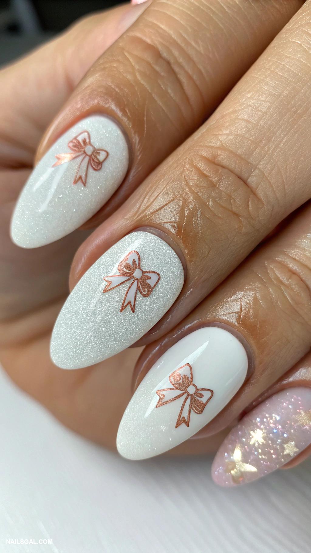 balletcore nails Soft white with shimmer and tiny bows
