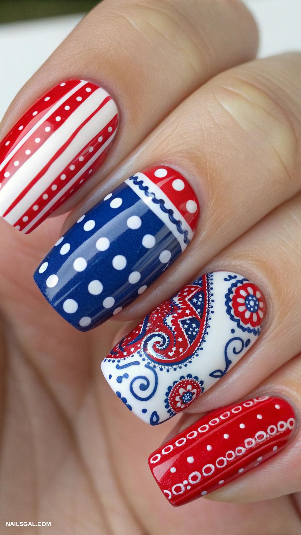 bandana nail art Bandana inspired dots and stripes combination
