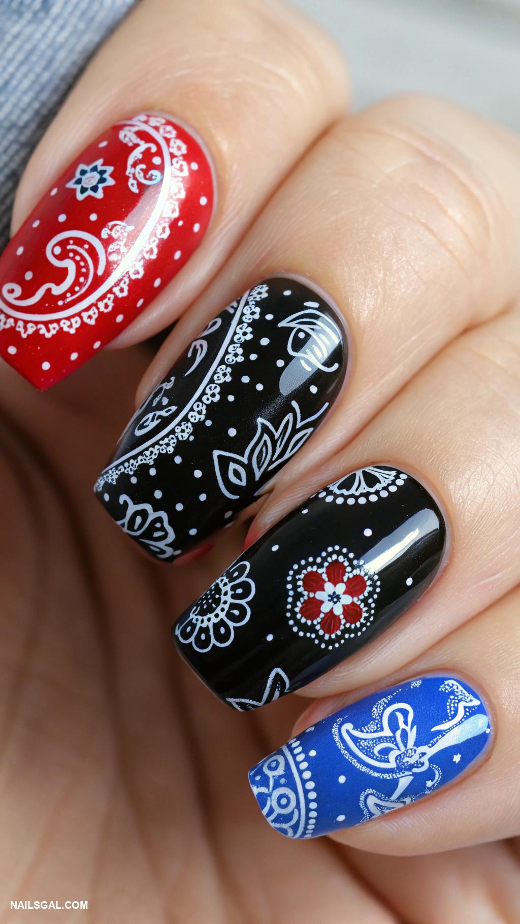 bandana nail art Black base with bold bandana designs