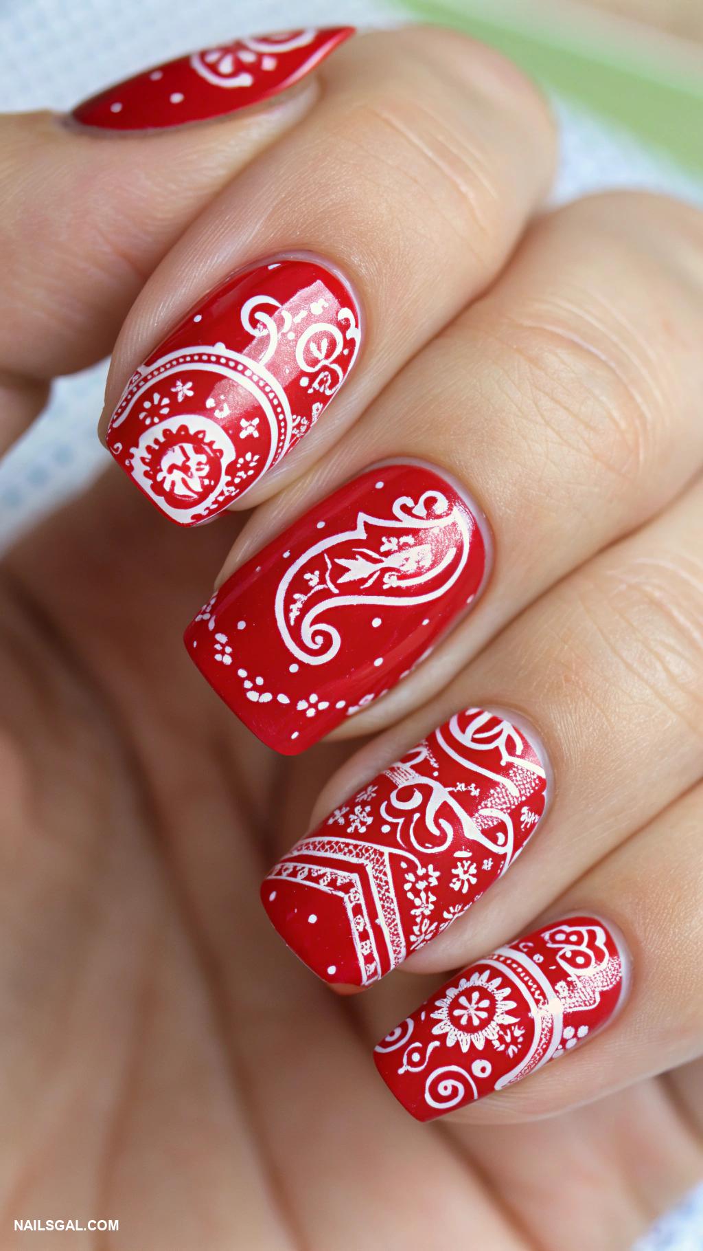 bandana nail art Classic red bandana paisley patterns
