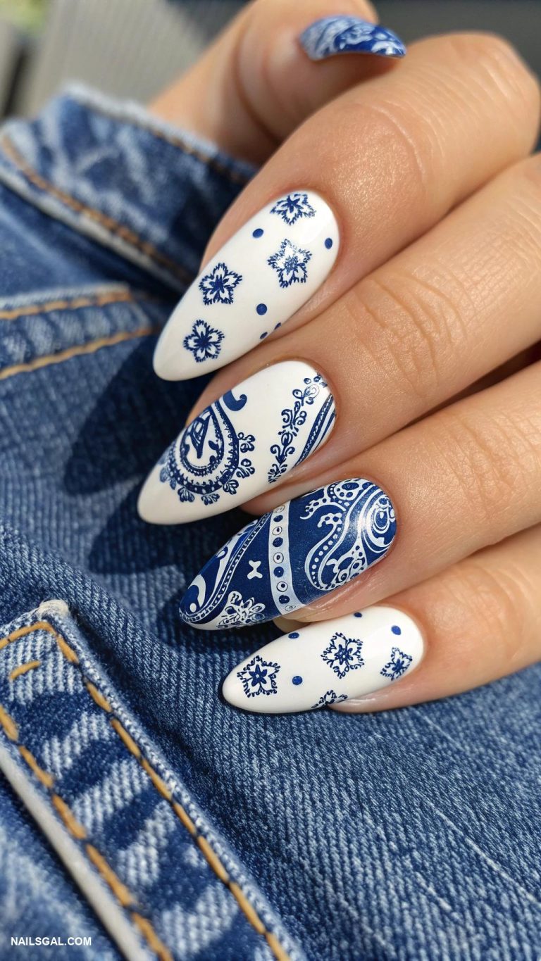 bandana nail art Denim blue background with white bandana print