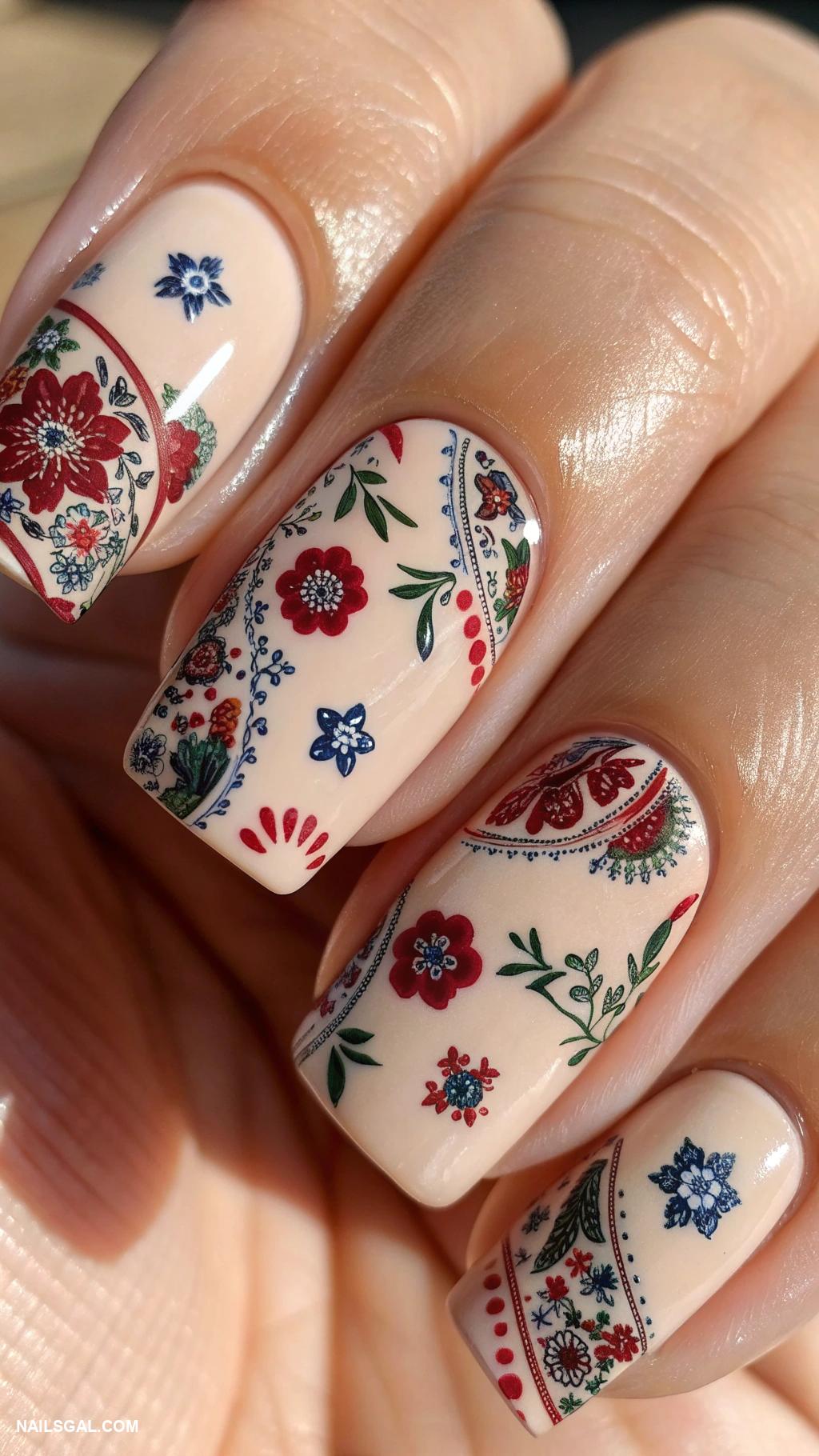 bandana nail art Floral bandana patterns on nude nails