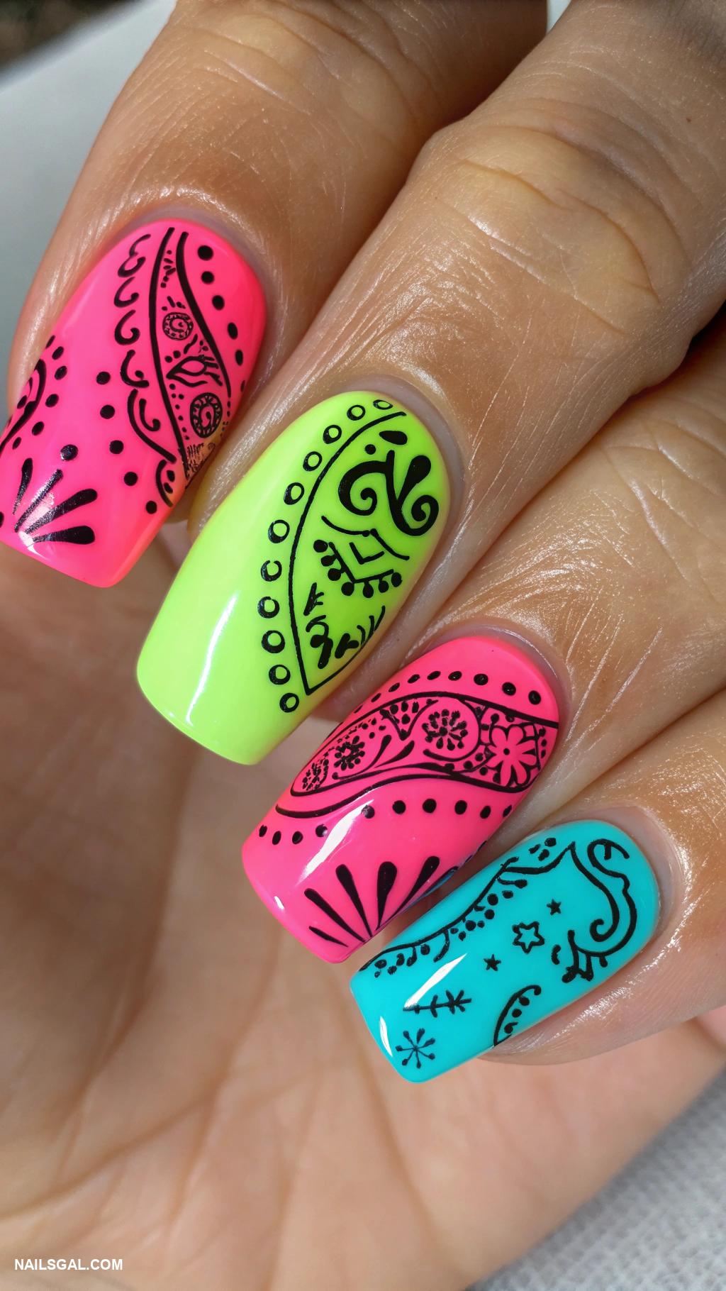 bandana nail art Neon colors with abstract bandana shapes