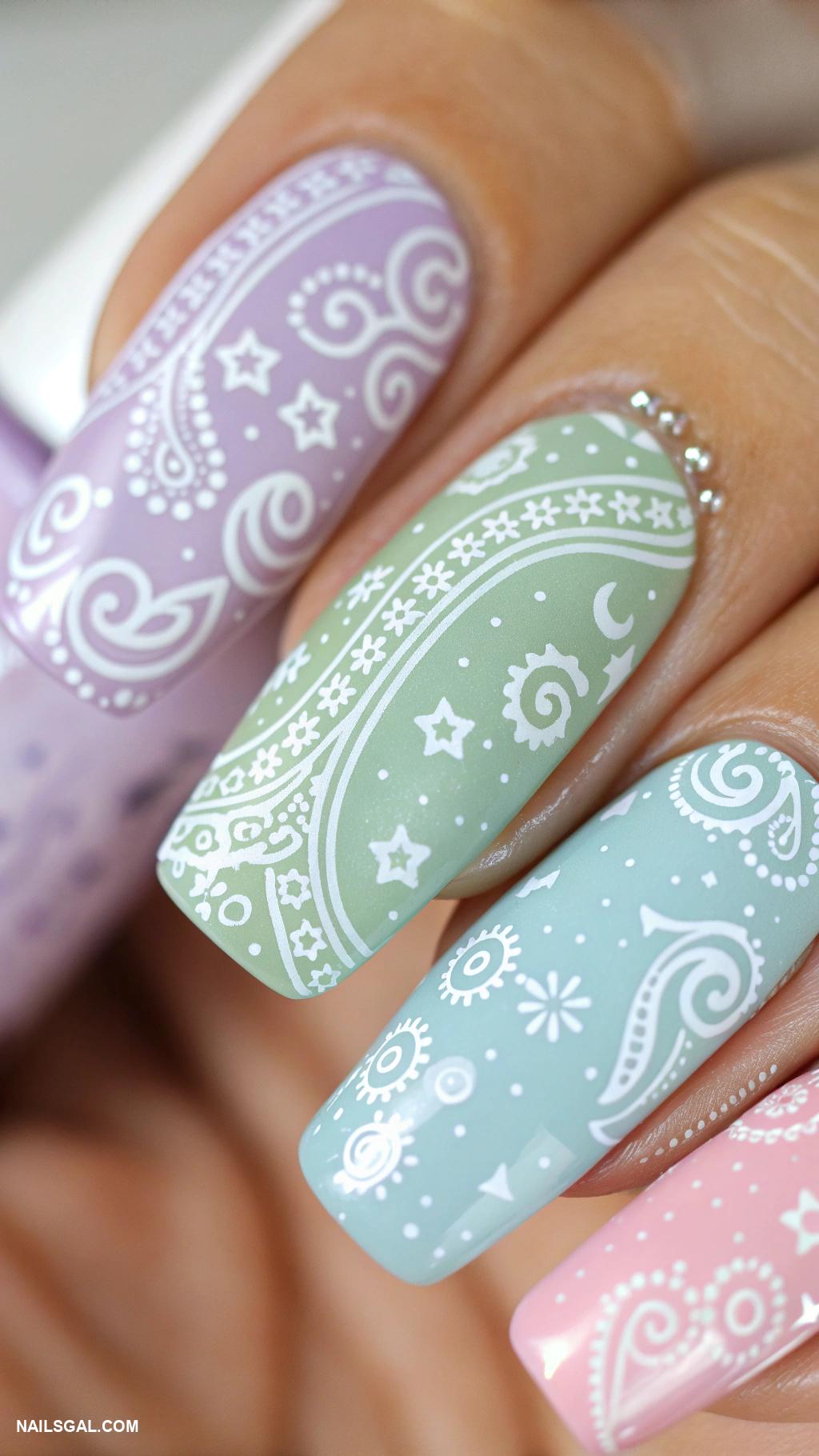 bandana nail art Pastel colors with tiny bandana motifs