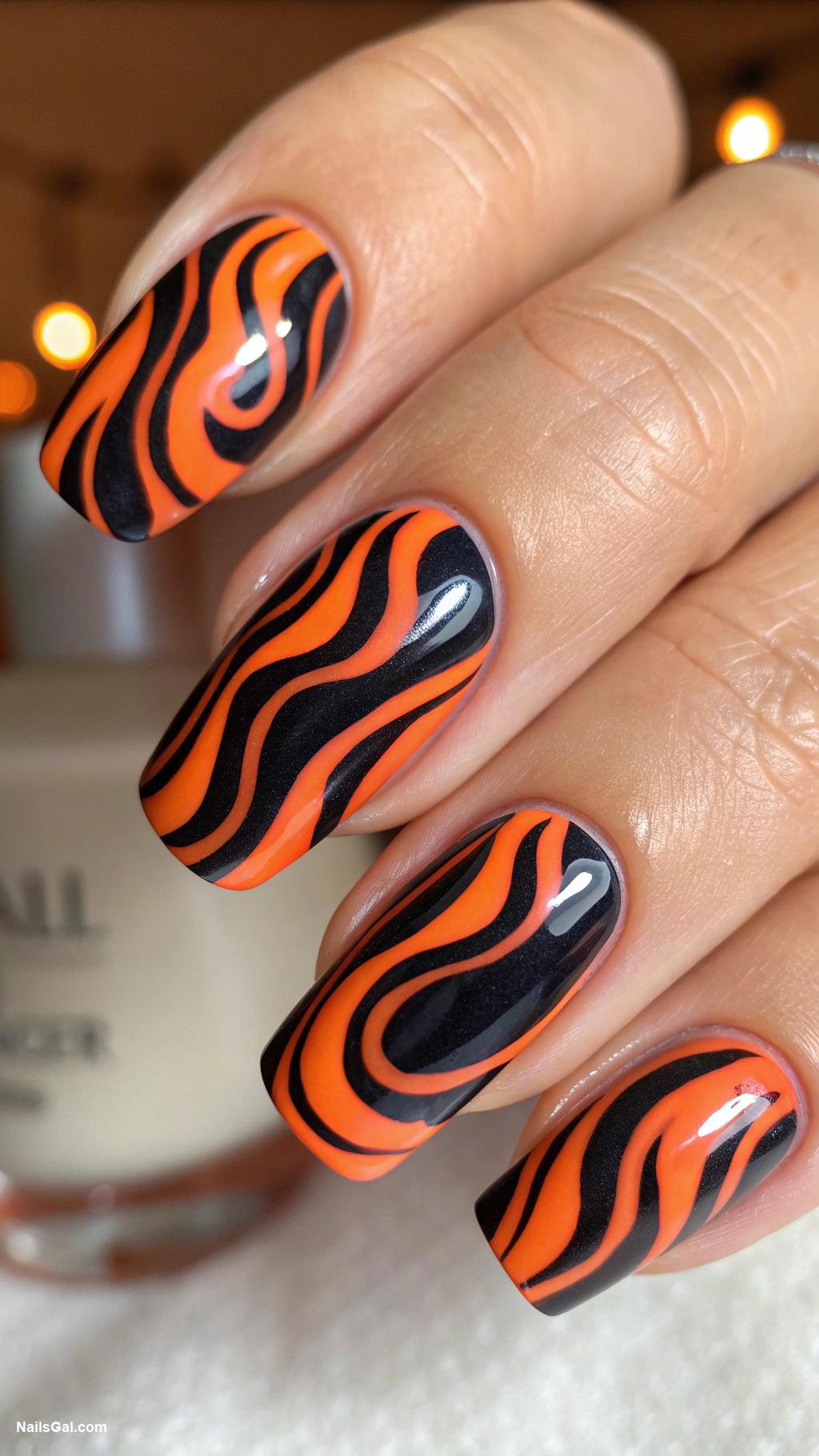 black and orange nails Abstract black and orange wave patterns