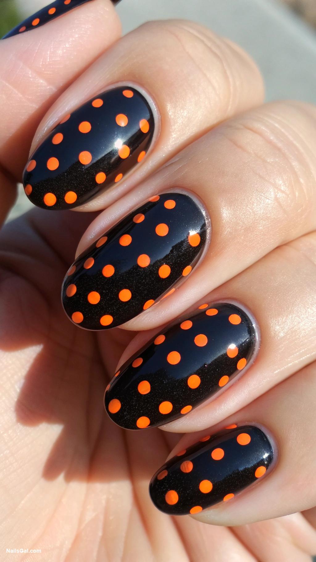 black and orange nails Black base with orange polka dots
