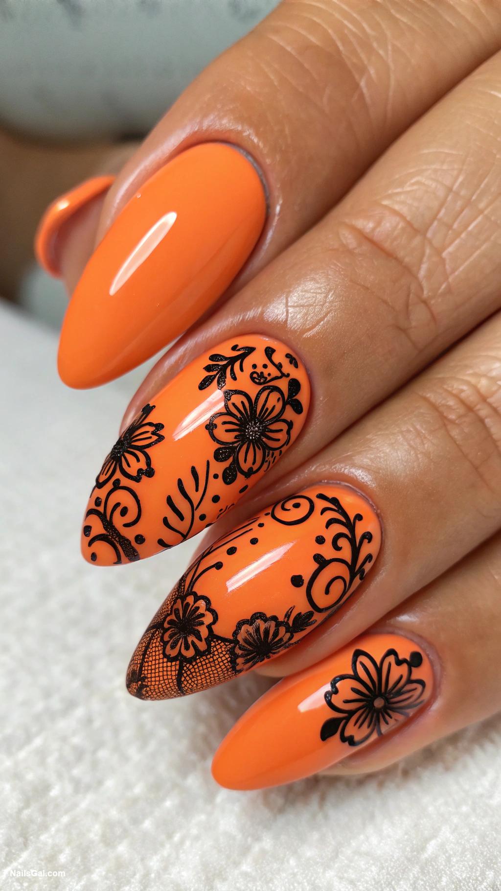 black and orange nails Black lace designs on orange nails