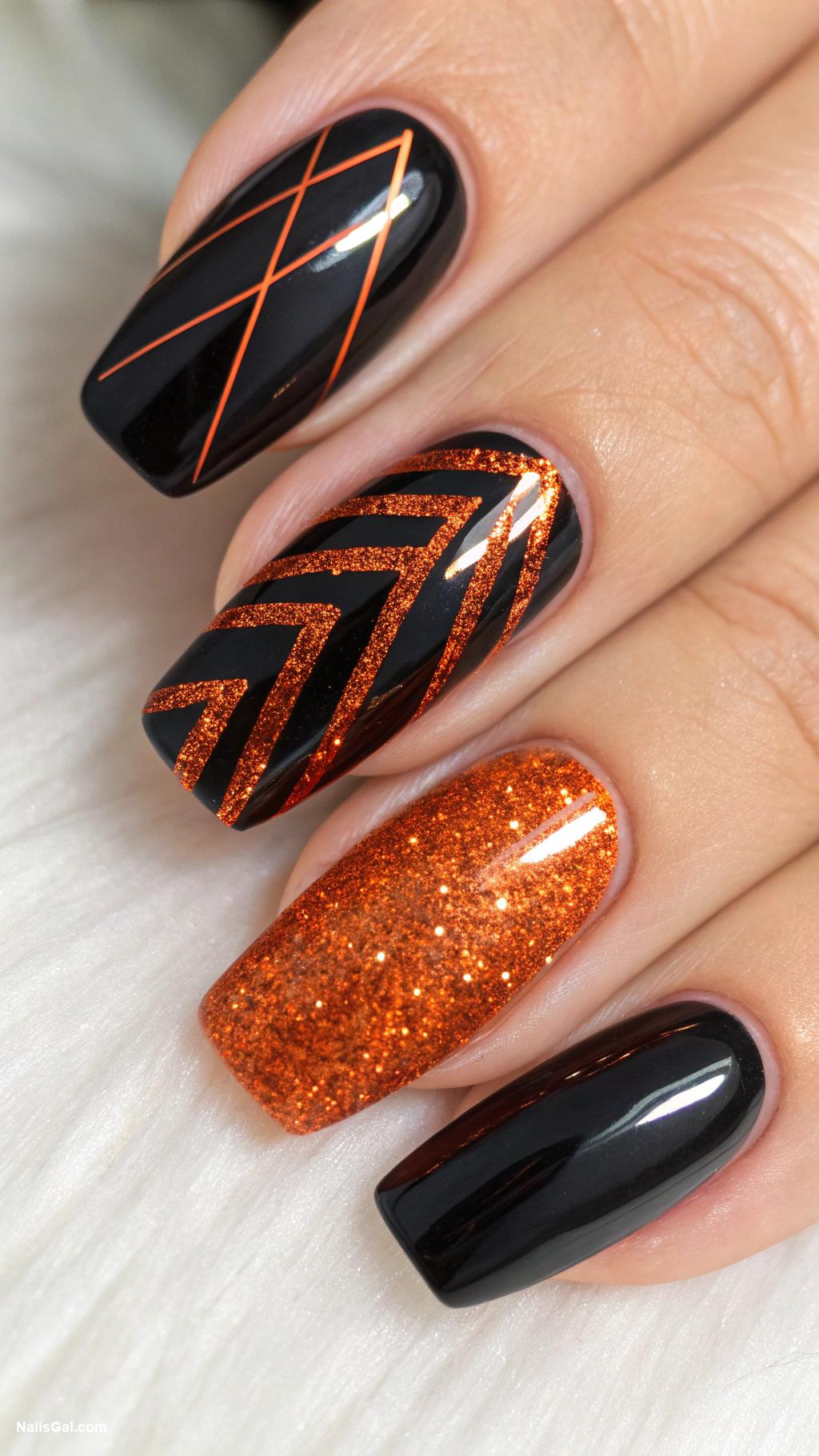 black and orange nails Black nails with orange glitter accents