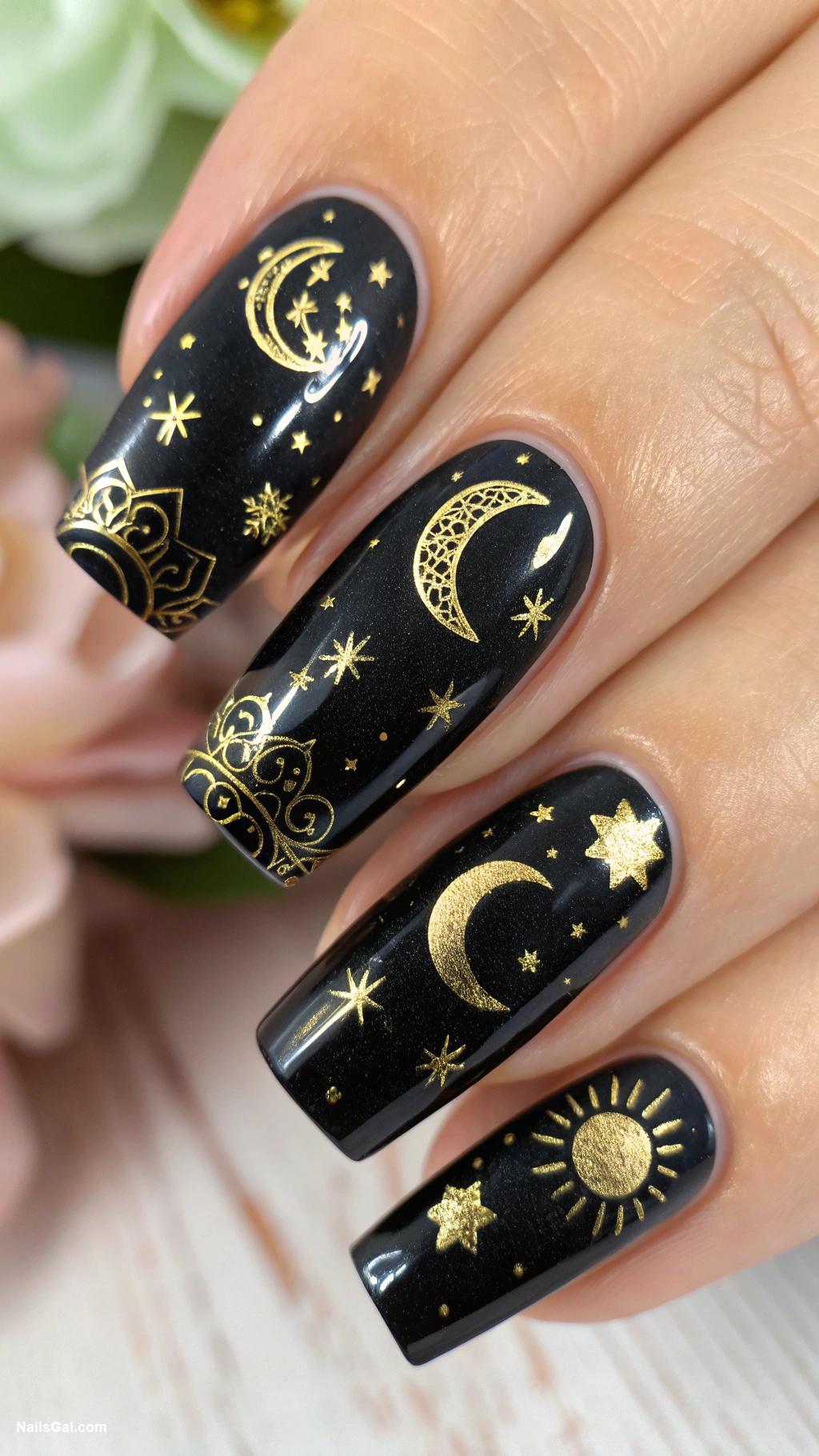 black cat nails Black base with gold crescent moons