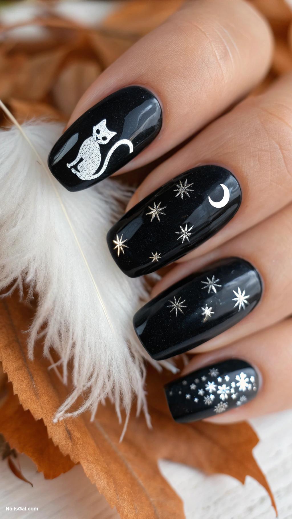 black cat nails Black with fluffy white tail details
