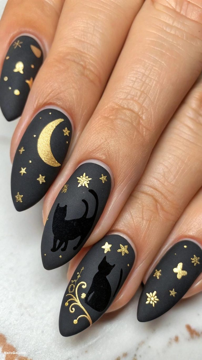 black cat nails Halloween themed black cat silhouettes