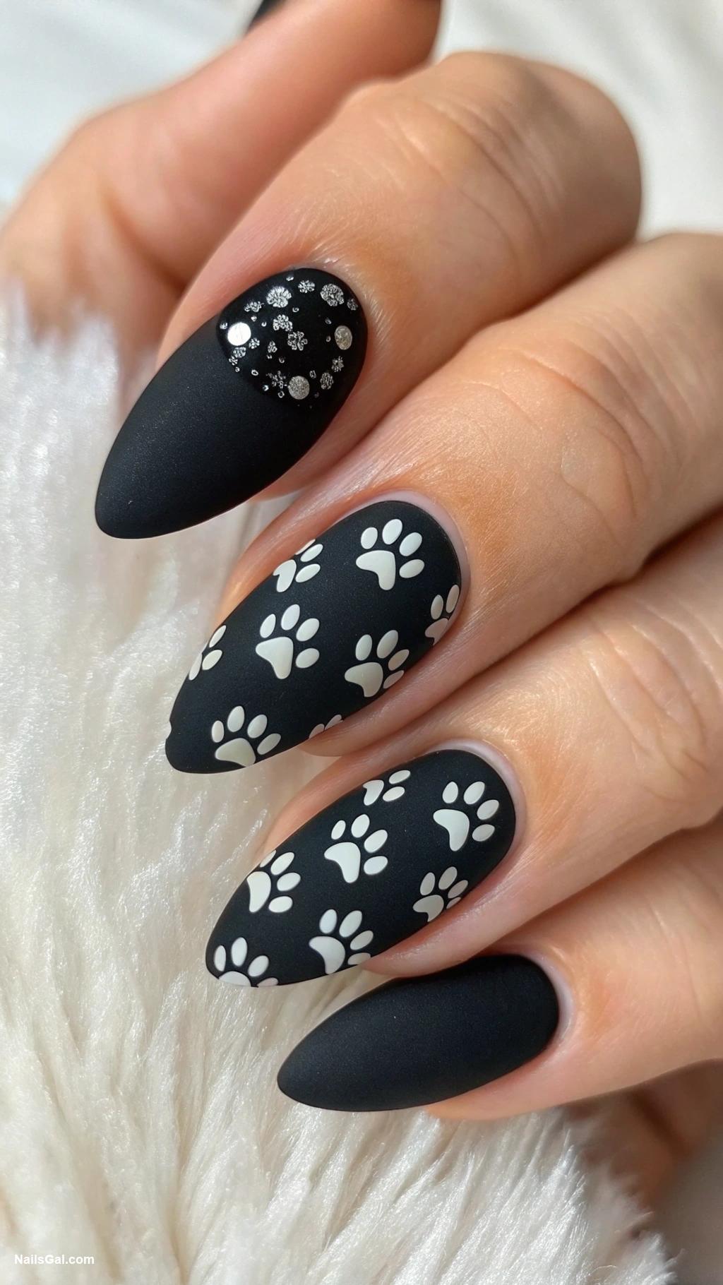 black cat nails Matte black with glossy paw prints
