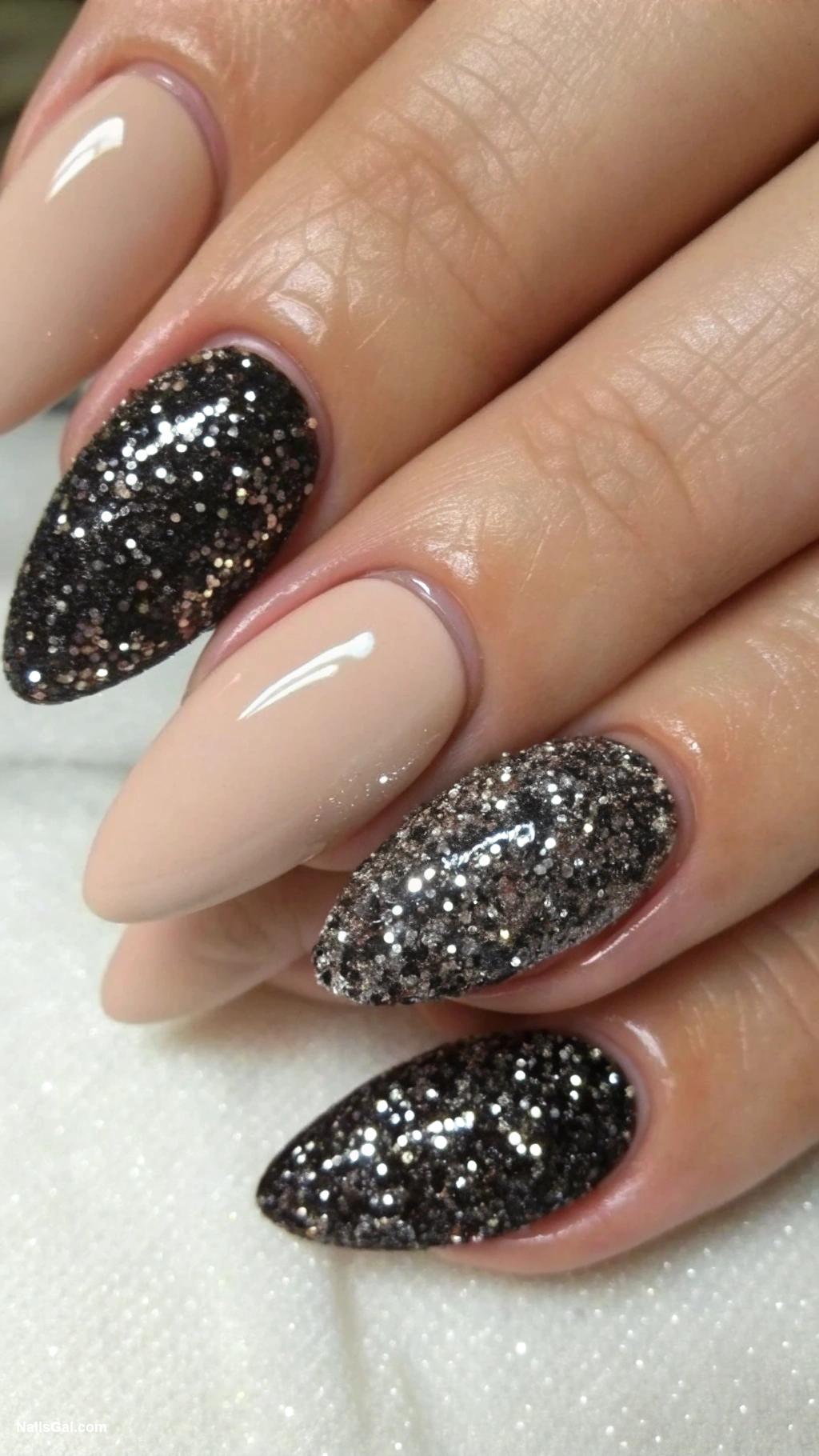black cat nails Sparkling black glitter over nude base