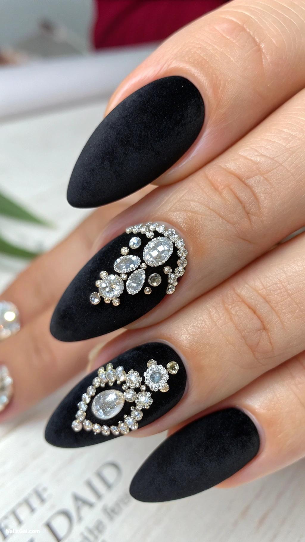 black cat nails Velvet black with tiny rhinestones