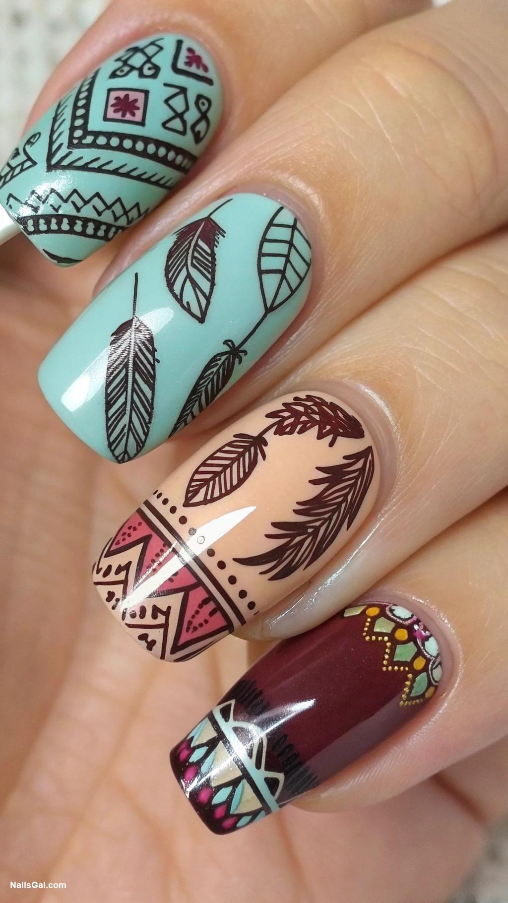 boho nails Bohemian tribal patterns with contrasting colors