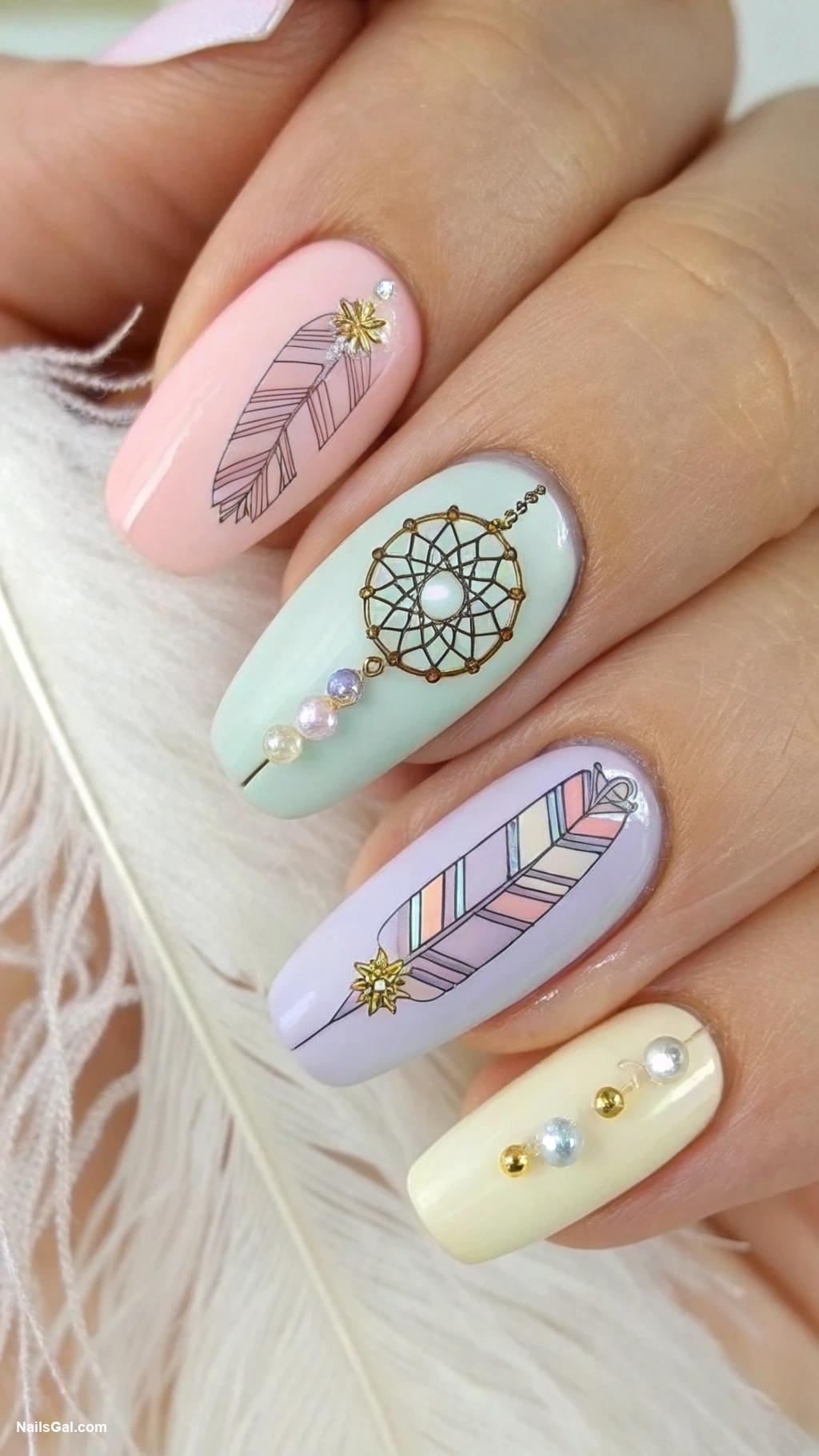 boho nails Dreamcatcher with pastel feathers