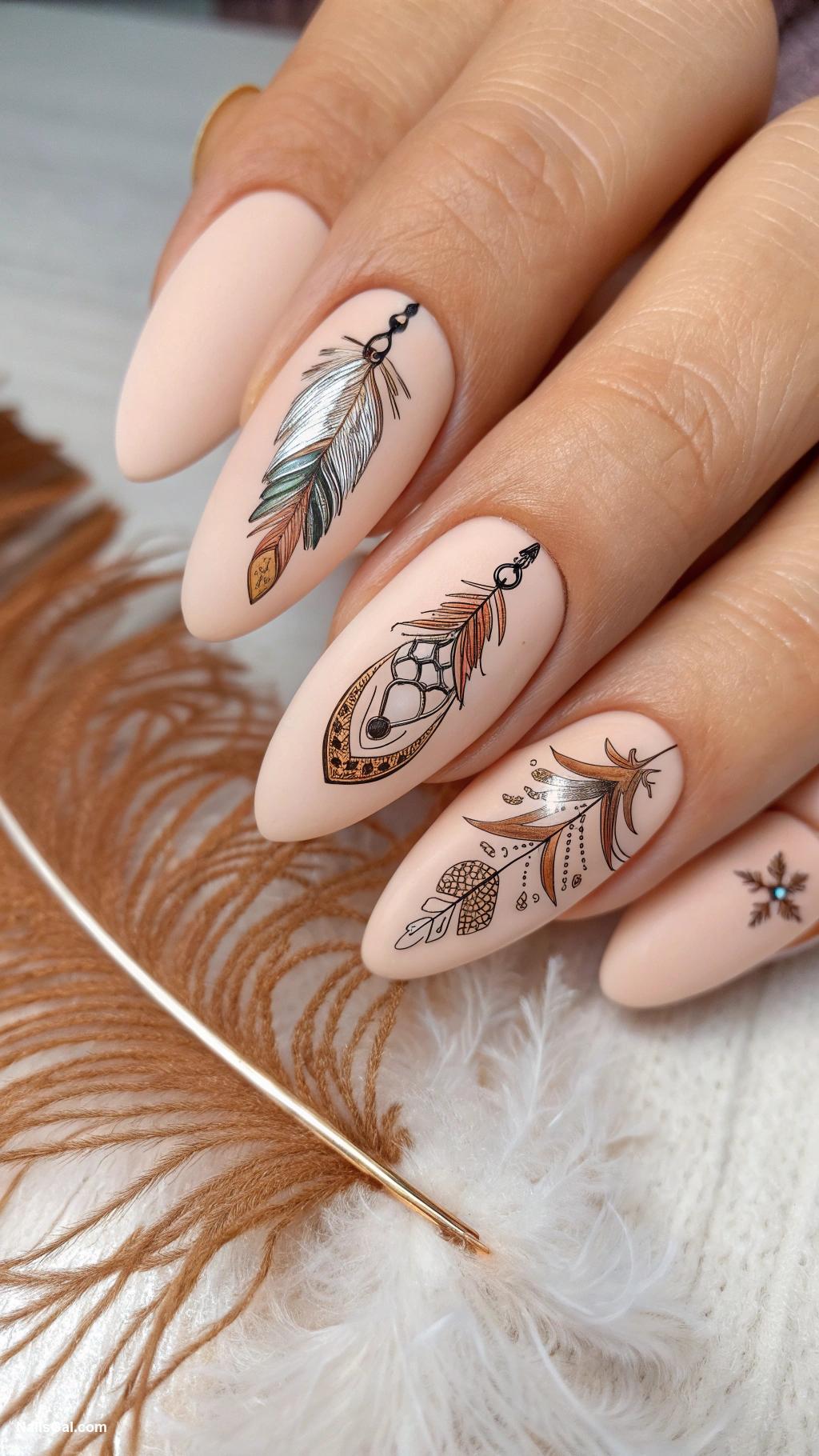 boho nails Feather accents on nude background