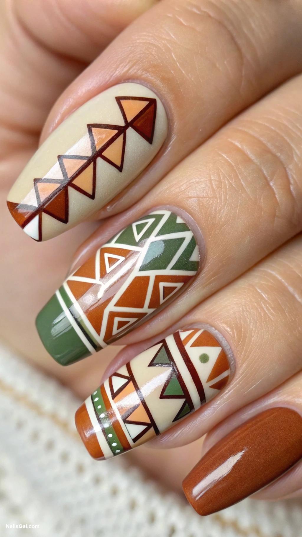 boho nails Geometric patterns in earthy tones