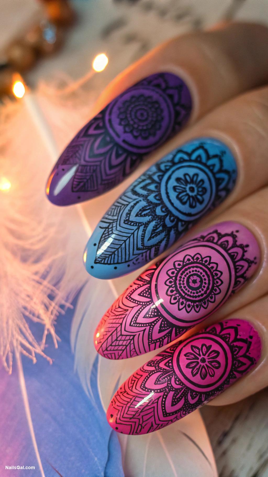 boho nails Mandala designs with vibrant colors