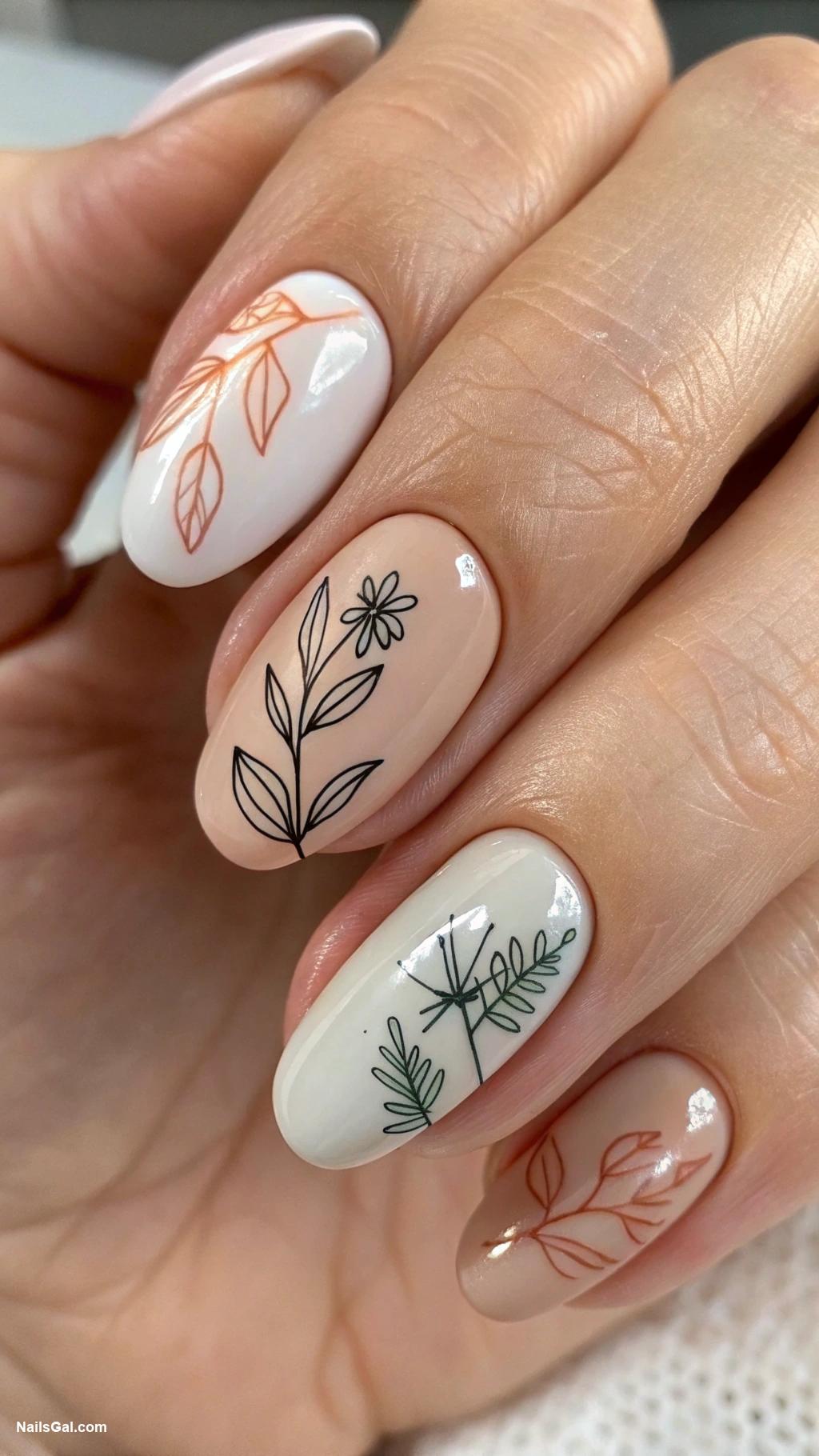 boho nails Minimalist line art on beige base