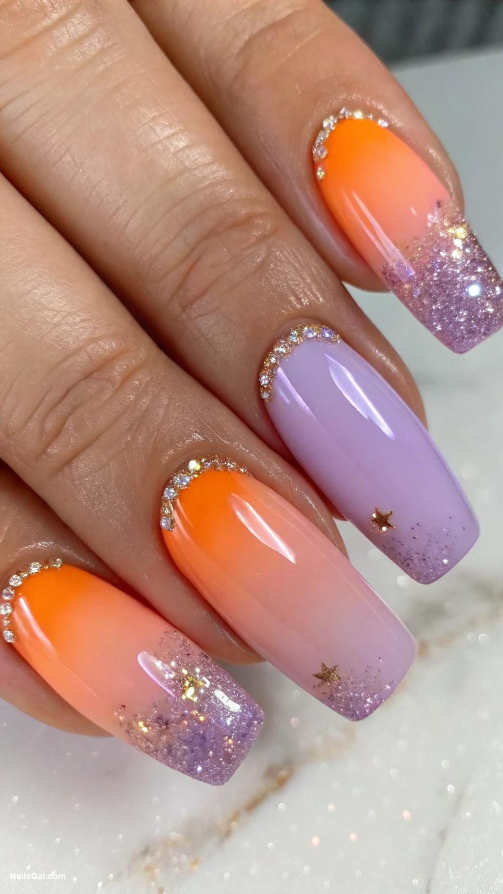 boho nails Ombre sunset effect with glitter