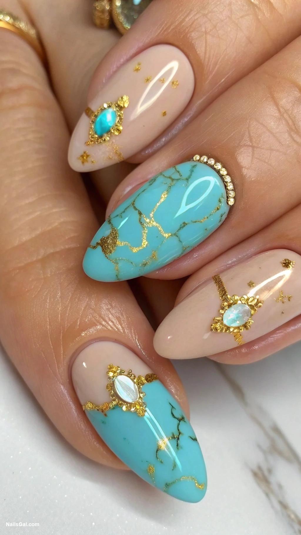 boho nails Turquoise stones with gold accents