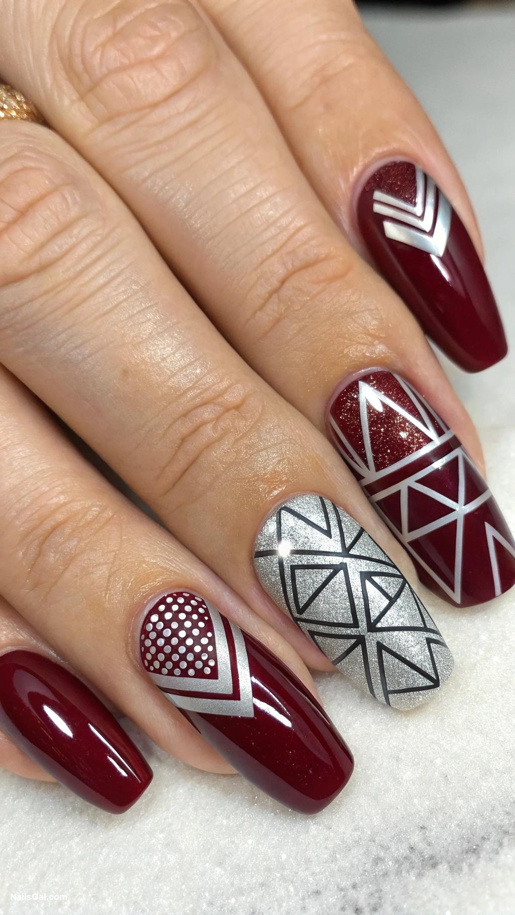 burgundy nails Burgundy and silver geometric patterns